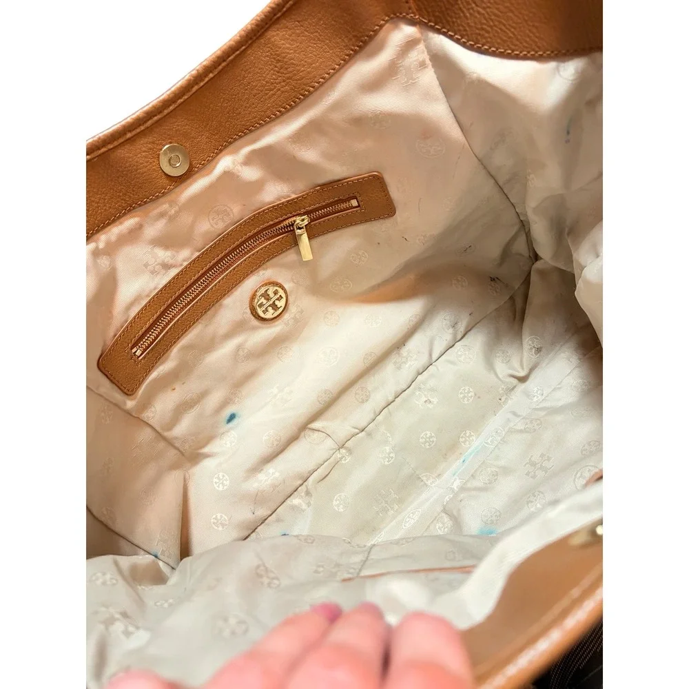 Tory Burch Amanda Classic Tote Bag Womens Large Tan Pebbled Leather